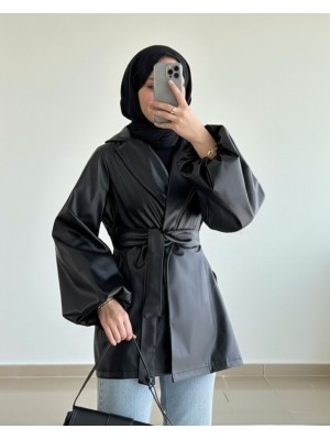 Balloon Sleeve Belted Leather Jacket -Black