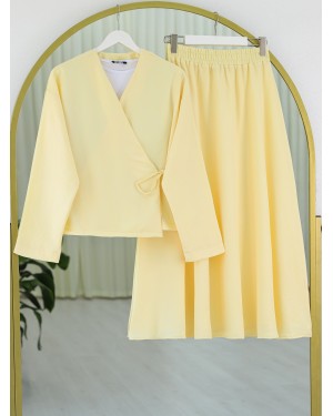 Linen Suit with Side Tie Skirt  -Light yellow