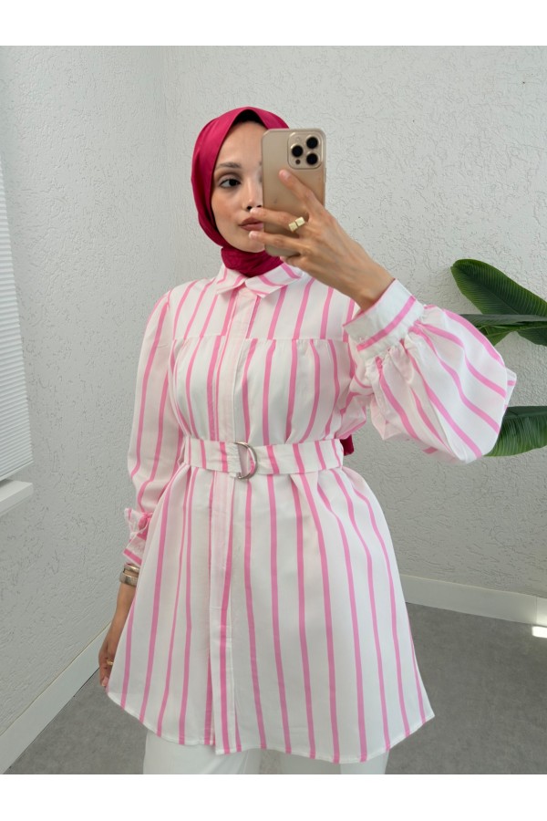 Kalın Çizgili Tokalı Kemerli Gömlek -Pembe