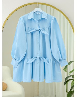 Önü Düğmeli Kurdela Detaylı Salaş Gömlek -Mavi