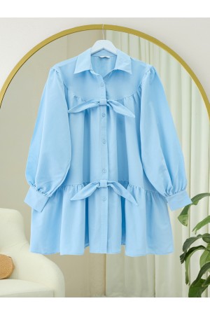 Önü Düğmeli Kurdela Detaylı Salaş Gömlek -Mavi