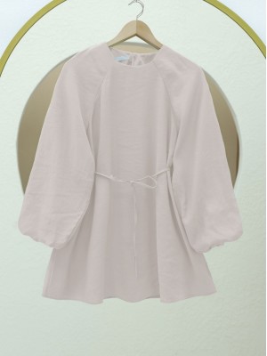 Yuvarlak Yaka Beli Bağcıklı Balon Kol Tunik  -Taş