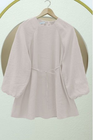 Round Neck Tied Waist Balloon Sleeve Tunic  -Stone