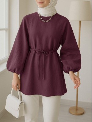 Round Neck Tied Waist Balloon Sleeve Tunic   -Maroon