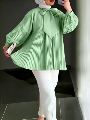 Yakası Bağcıklı Kolları ve Eteği Pliseli Tunik -Yeşil
