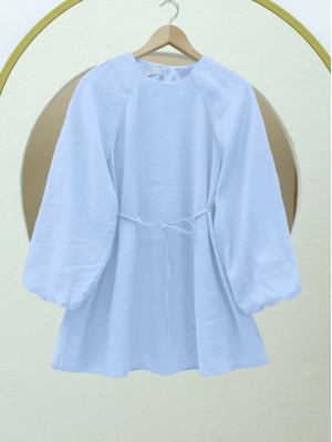 Round Neck Tied Waist Balloon Sleeve Tunic  -Baby Blue