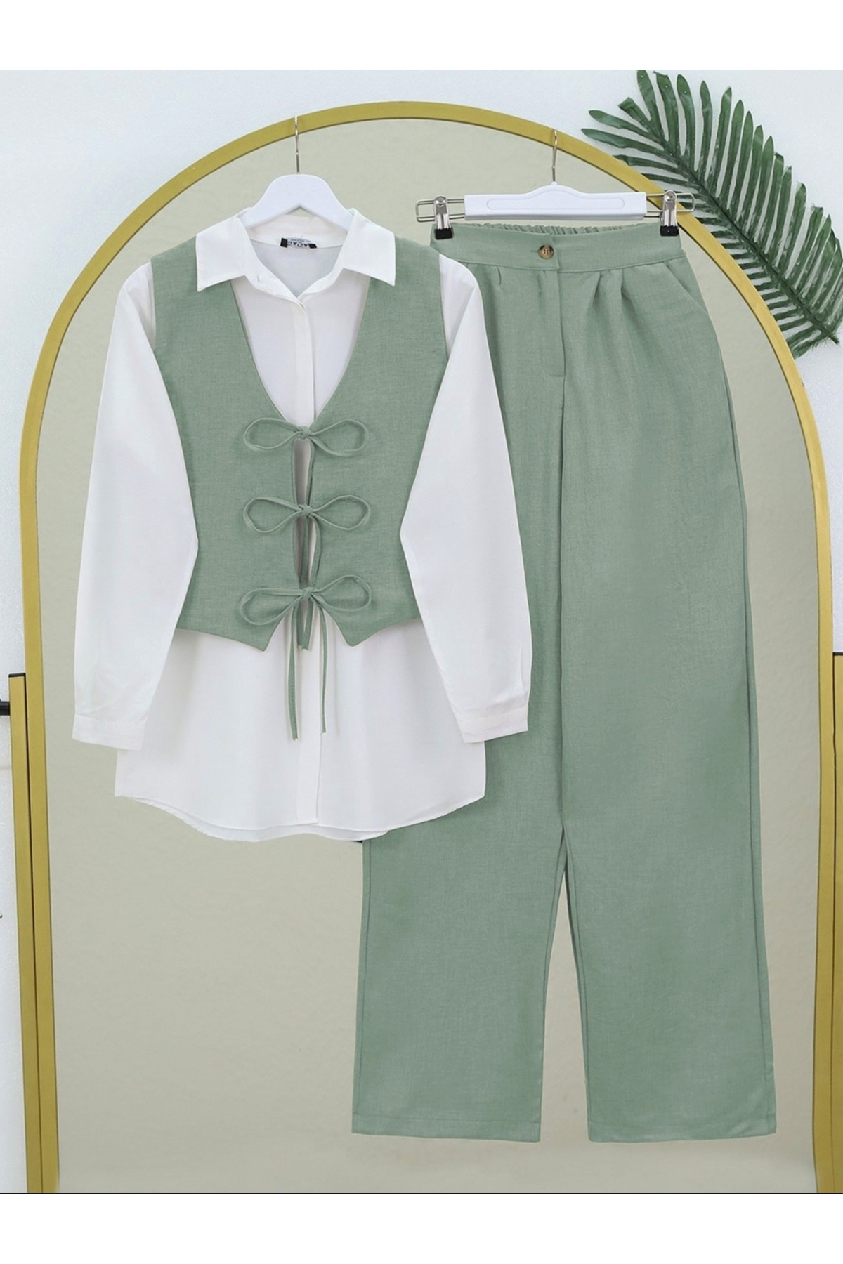 Double Linen Suit with Lace-Up Vest and Wide Leg Trousers -Mint Color