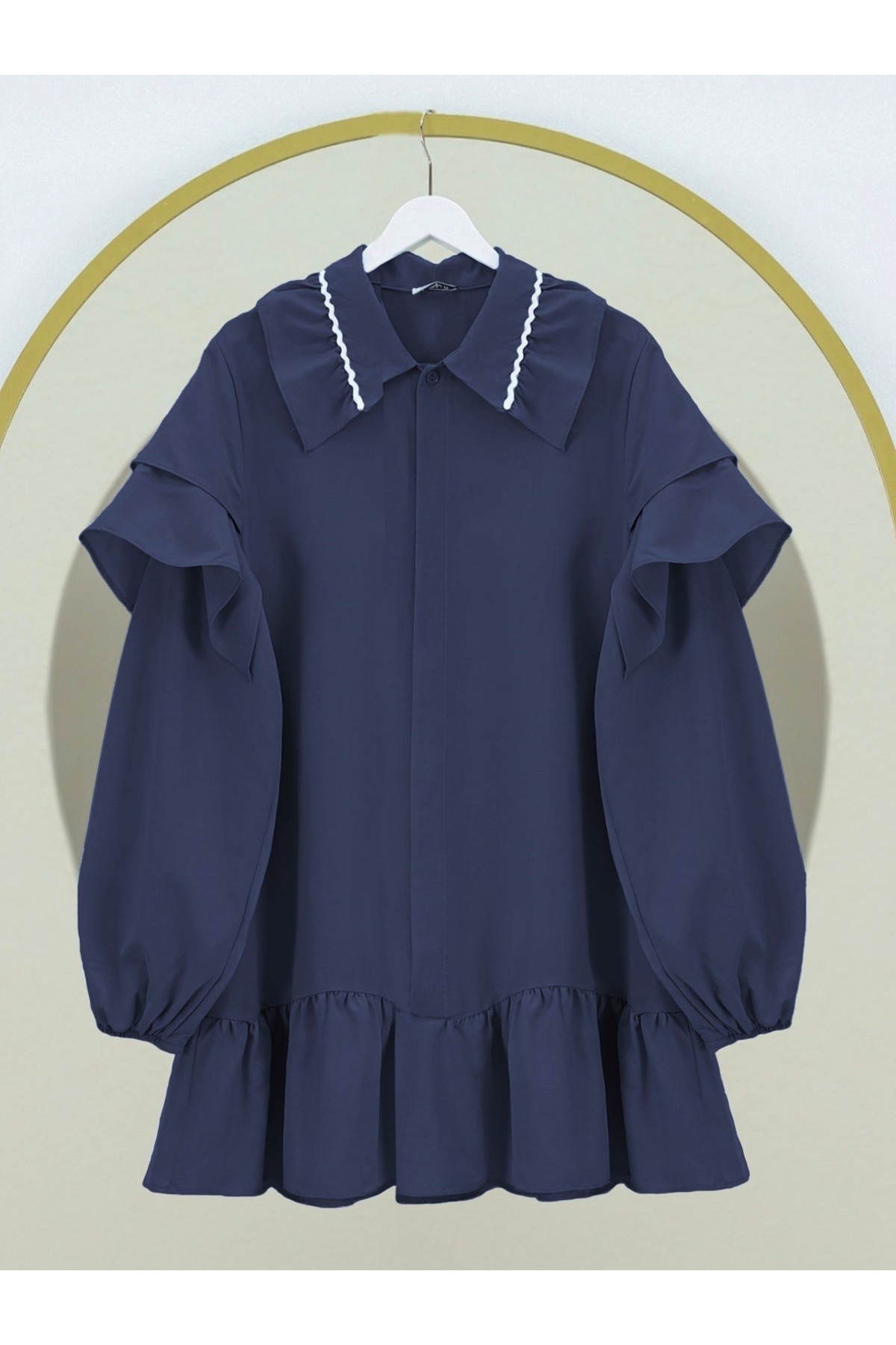 Poplin Tunic with Elastic Sleeves and Embroidered Collar -Navy blue