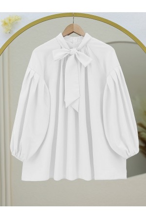 Yakası Bağcıklı Kolu Lastikli Tunik -Beyaz