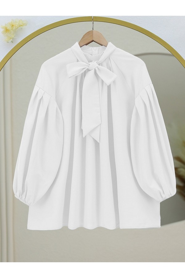 Tunic with Tied Collar and Elastic Sleeves -White