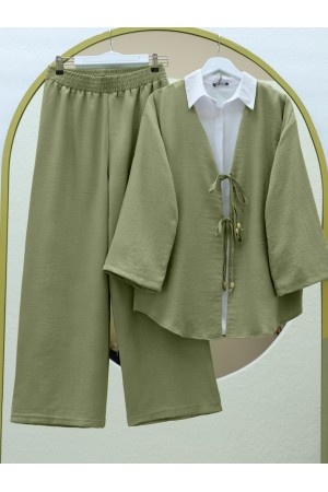 Önü Çift Bağlamalı Pantolonlu Kimono Takım -Haki
