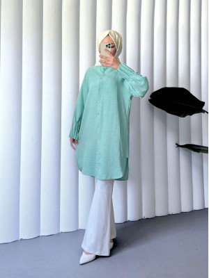 Kolu Nervürlü Eteği Oval Kesim Uzun Tunik -Su Yeşili