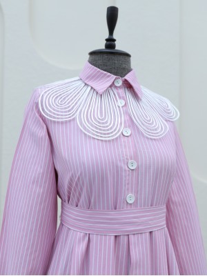 Organza Shirt Collar Striped Belted Dress -Pink