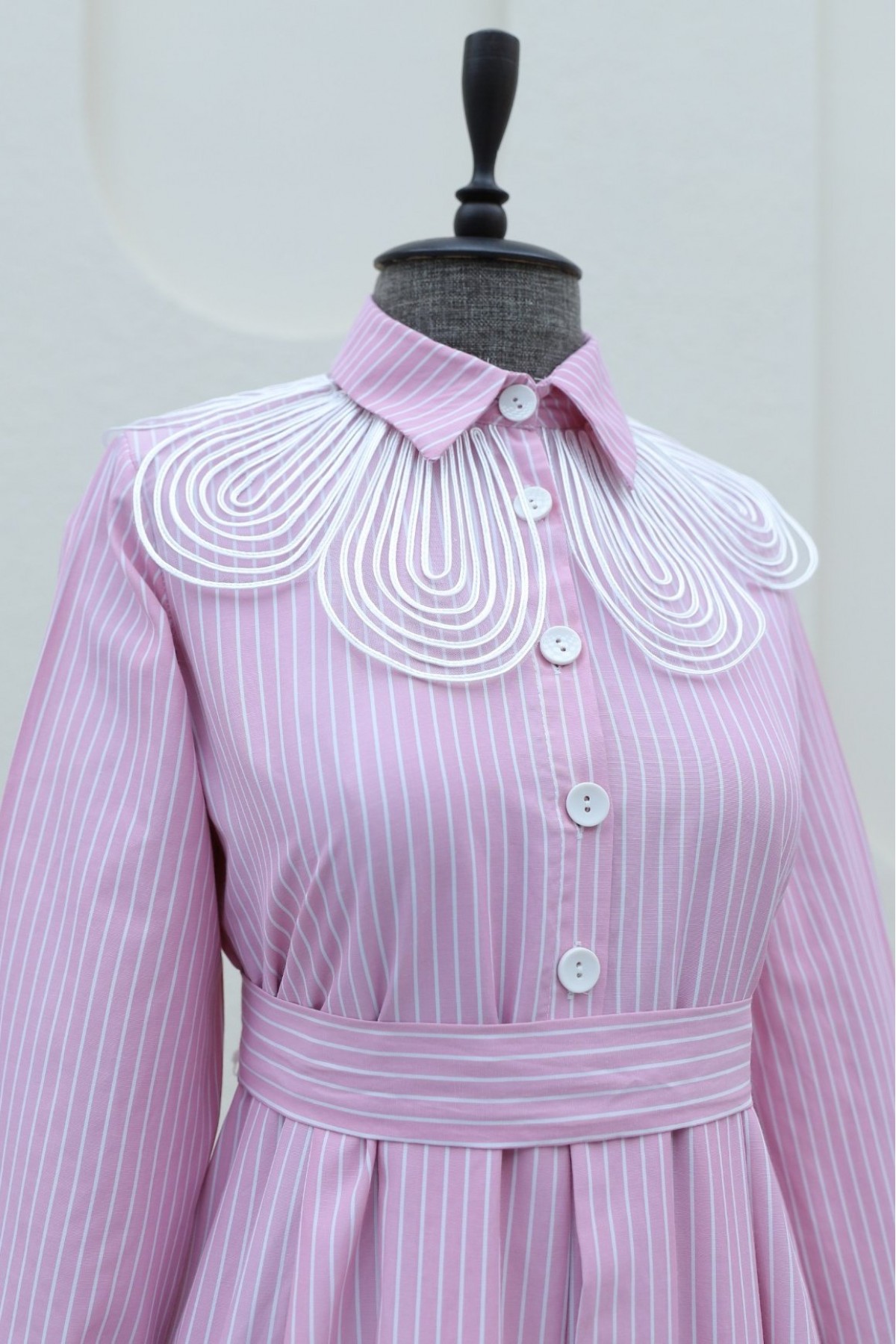 Organza Shirt Collar Striped Belted Dress -Pink