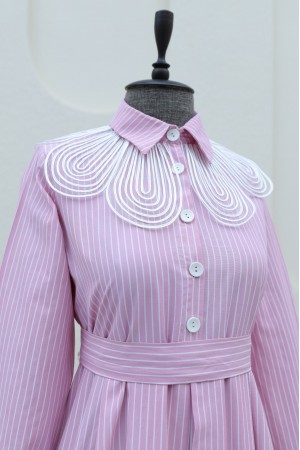 Organza Shirt Collar Striped Belted Dress -Pink