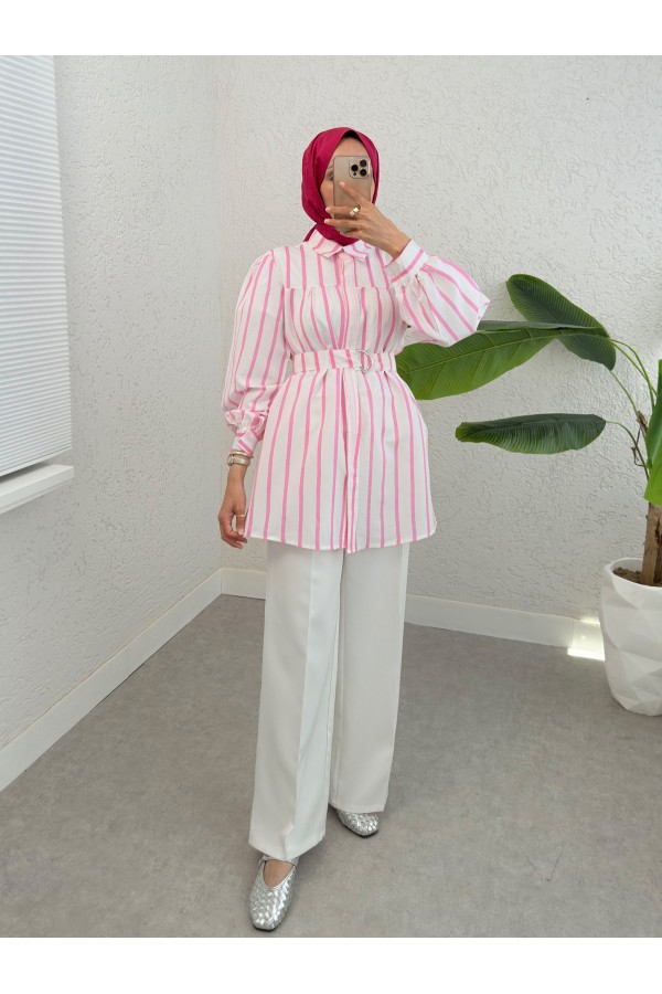 Kalın Çizgili Tokalı Kemerli Gömlek -Pembe