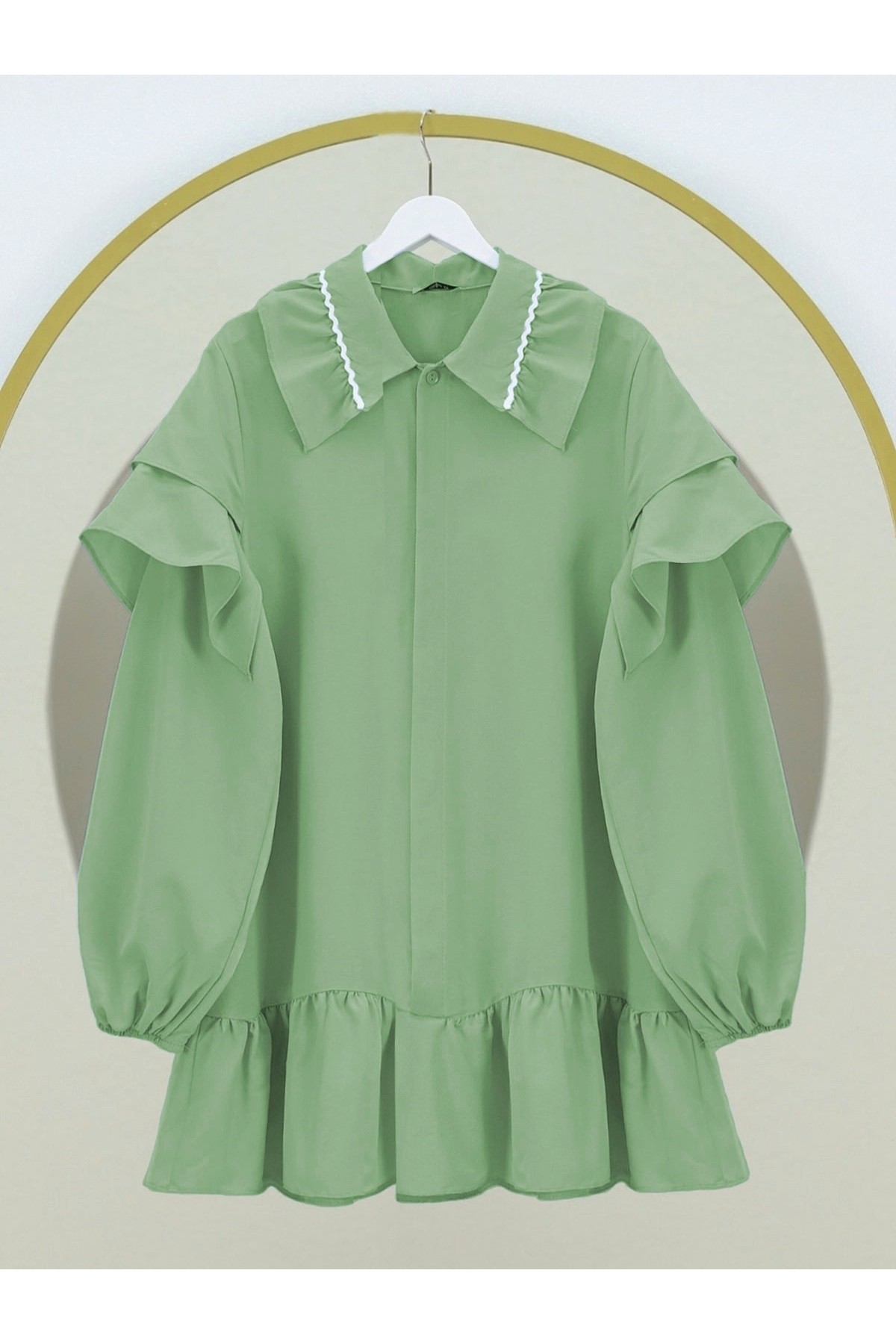Poplin Tunic with Elastic Sleeves and Embroidered Collar -Green