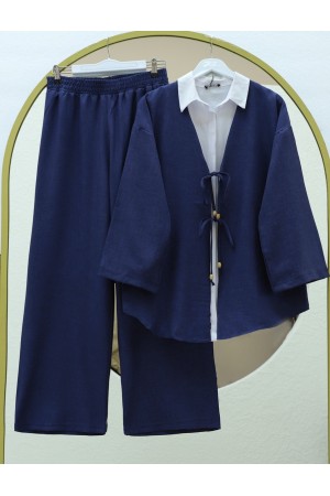 Kimono Set with Double Front Tie and Trousers -Navy blue