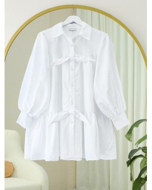 Önü Düğmeli Kurdela Detaylı Salaş Gömlek -Beyaz