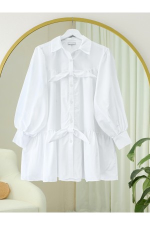 Önü Düğmeli Kurdela Detaylı Salaş Gömlek -Beyaz