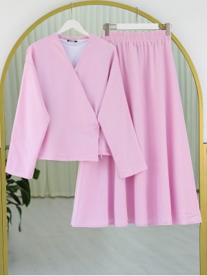 Yandan Bağlamalı Etekli Keten Takım   -Pudra