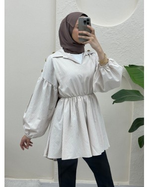 V-Neck Striped Tunic with Elastic Waist and Sleeves - Beige