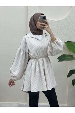 Beli Ve Kolu Lastikli V Yaka Çizgili Tunik   -Bej