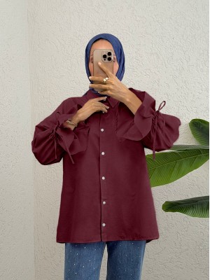 Kolu Büzgülü Arkası Piliseli Gömlek  -Bordo