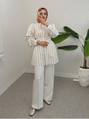 Kalın Çizgili Tokalı Kemerli Gömlek -Bej