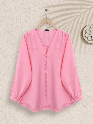 V Yaka Düğmeli Arkası Uzun Gömlek -Pembe