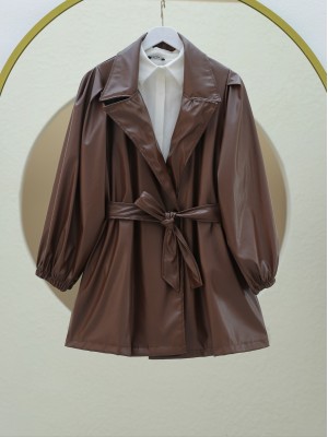 Çift Cepli Düğmeli Kolu Lastikli Deri Kap -Kahve