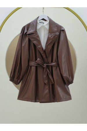 Çift Cepli Düğmeli Kolu Lastikli Deri Kap -Kahve