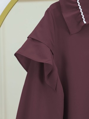 Yakası Süzene Nakış Detaylı Kolu Lastikli Poplin Tunik  -Bordo