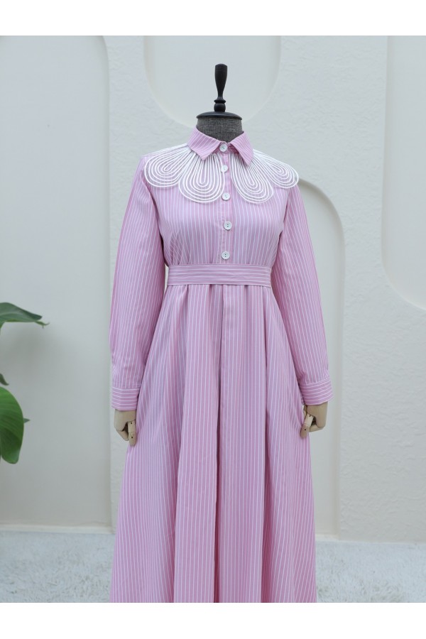 Organza Shirt Collar Striped Belted Dress -Pink