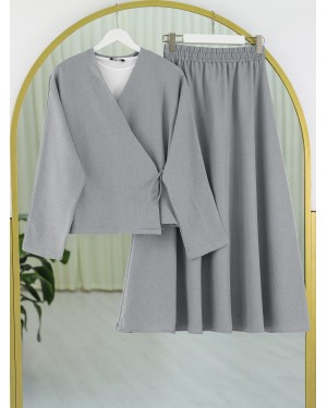 Linen Suit with Side Tie Skirt -Grey