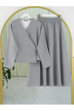 Yandan Bağlamalı Etekli Keten Takım  -Gri