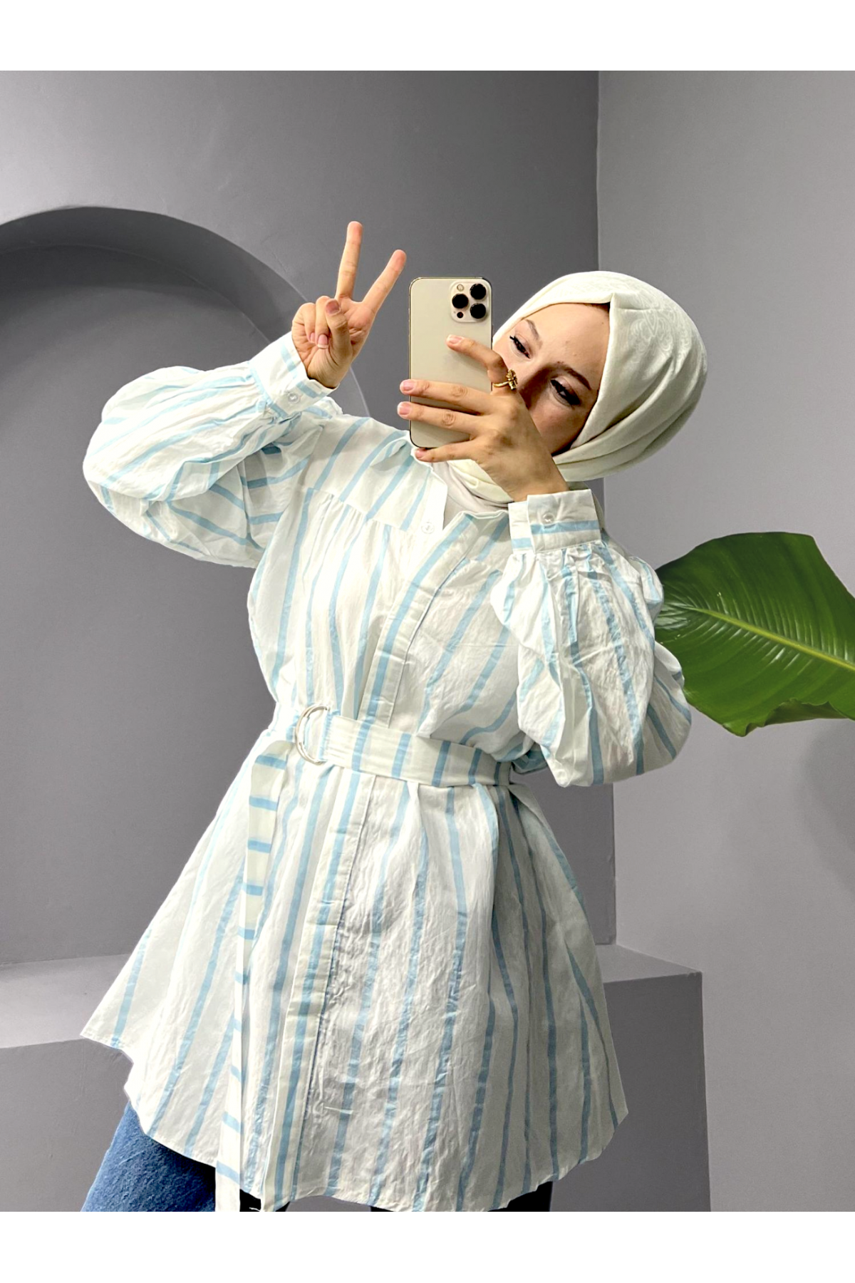 Thick Striped Buckle Belt Shirt -Light blue detay görseli