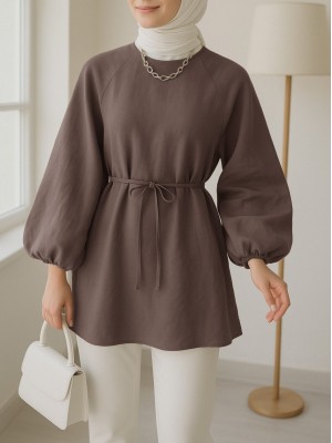 Yuvarlak Yaka Beli Bağcıklı Balon Kol Tunik  -Açık Kahve