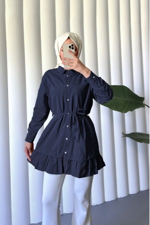 Etek Ucu Katlı Fırfırlı Düğmeli Poplin Gömlek Tunik -Laci