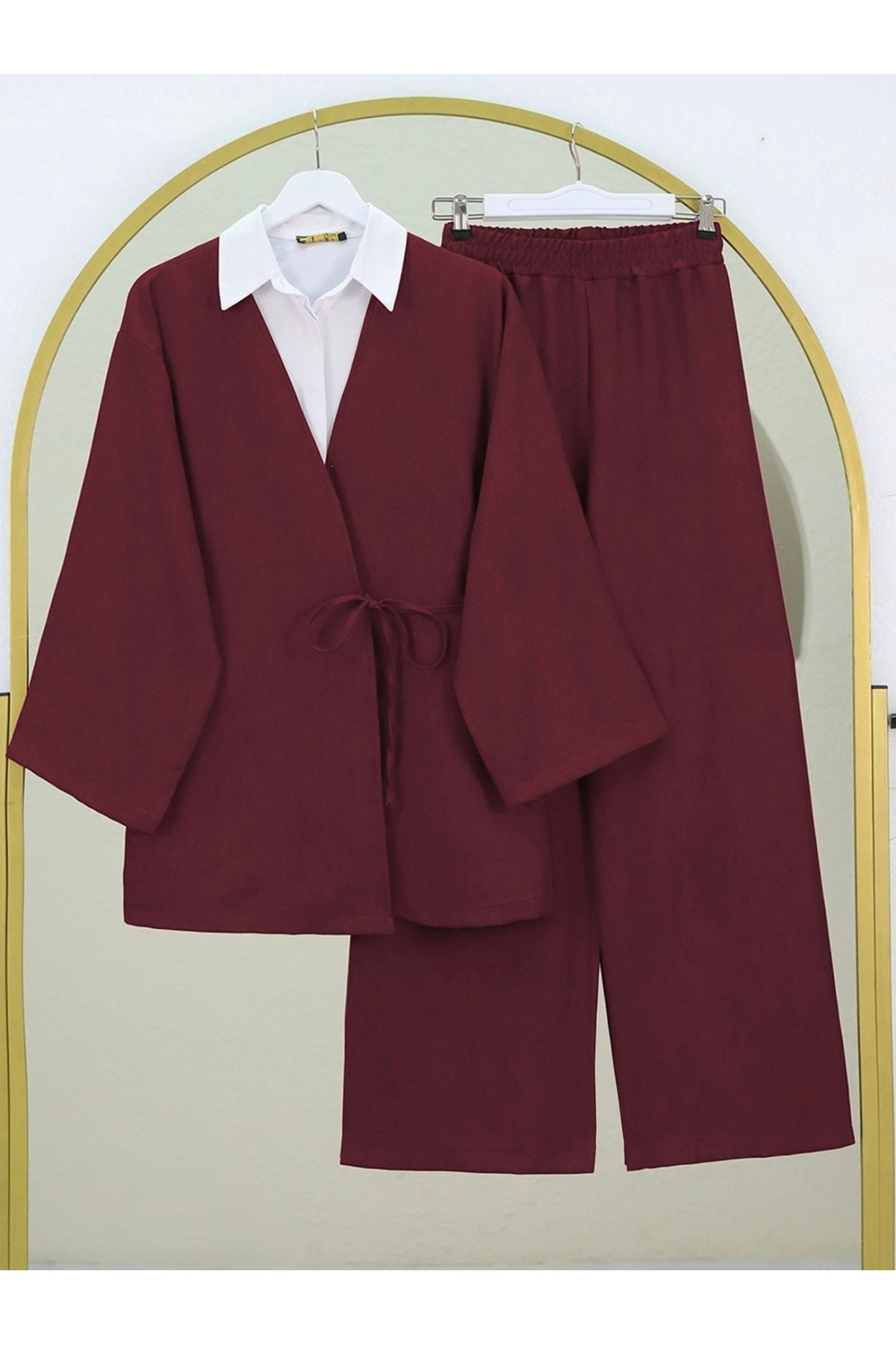 Front Tie Trouser Kimono Set   -Maroon