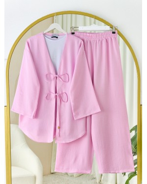 Önü Çift Bağlamalı Pantolonlu Kimono Takım       -Pembe