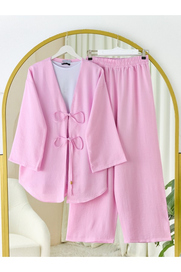 Önü Çift Bağlamalı Pantolonlu Kimono Takım       -Pembe