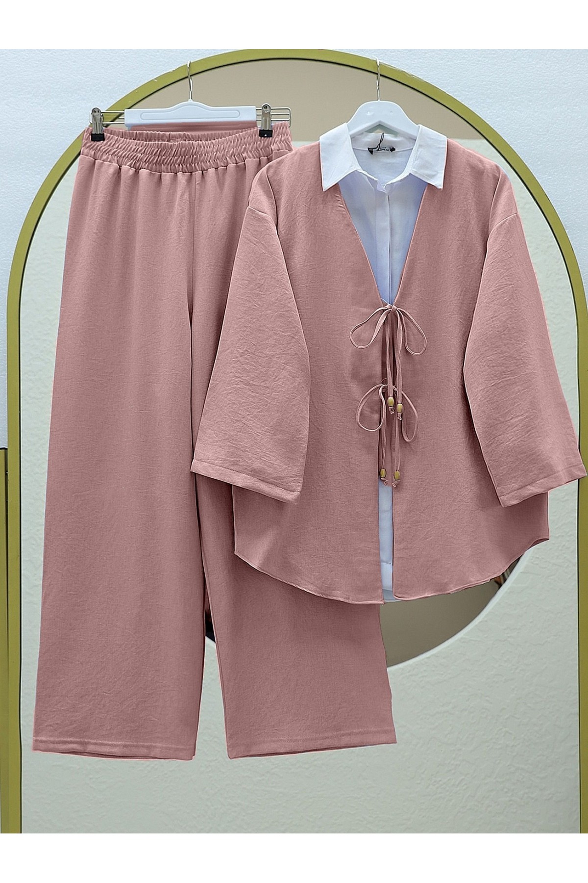 Kimono Set with Double Front Tie and Trousers  -Powder