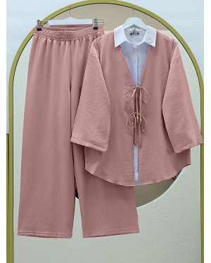 Önü Çift Bağlamalı Pantolonlu Kimono Takım  -Pudra