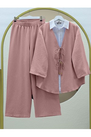 Önü Çift Bağlamalı Pantolonlu Kimono Takım  -Pudra