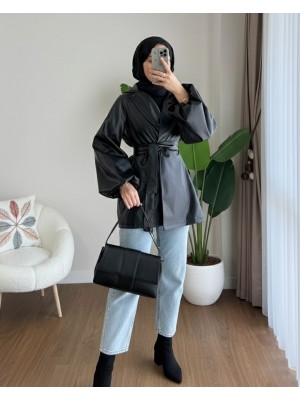 Balloon Sleeve Belted Leather Jacket -Black