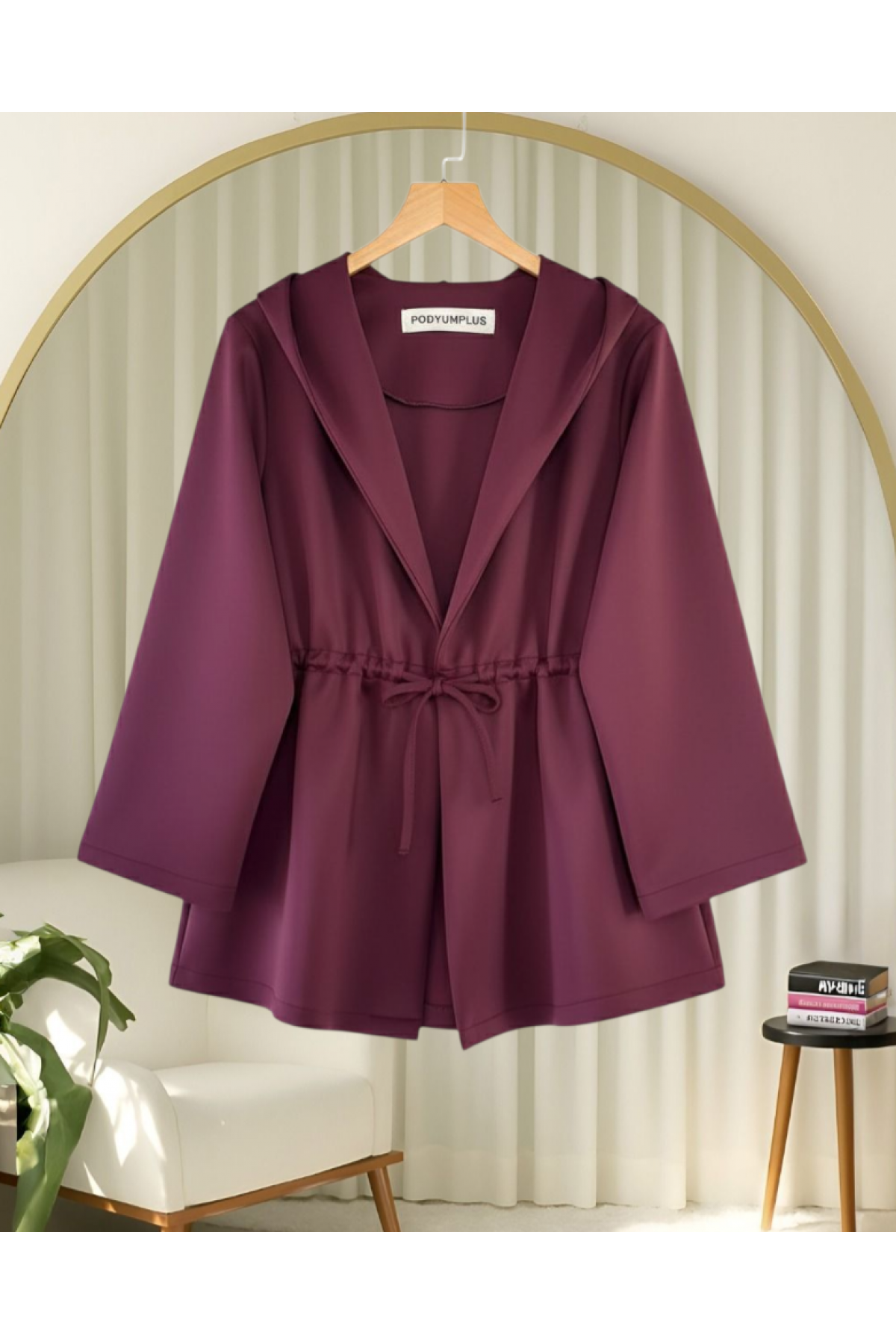 Önü Tünel Bağcıklı Scuba Kimono -Bordo