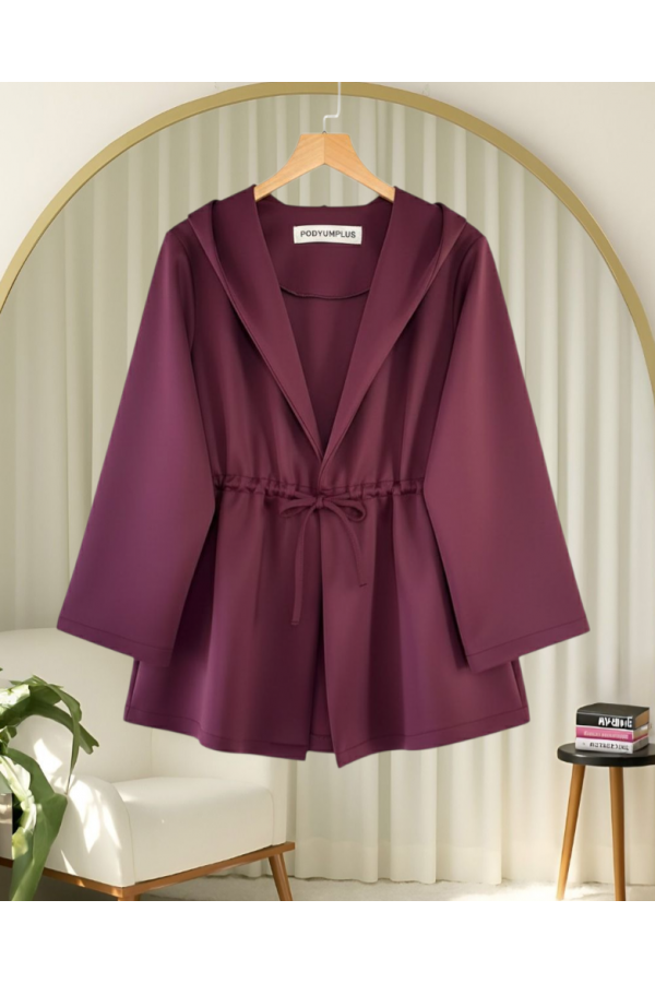 Önü Tünel Bağcıklı Scuba Kimono -Bordo