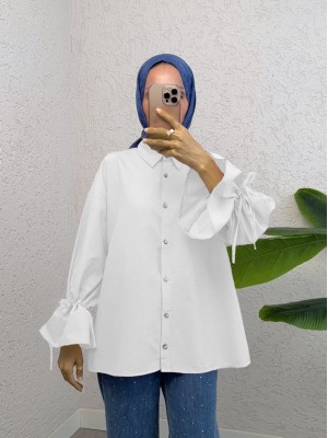 Kolu Büzgülü Arkası Piliseli Gömlek -Beyaz