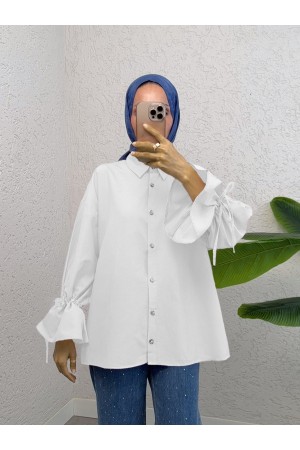 Kolu Büzgülü Arkası Piliseli Gömlek -Beyaz